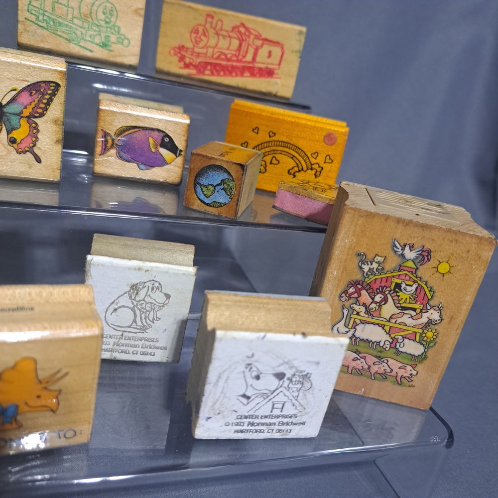 VTG Lot Of 14 Wooden Rubber Stamps Thomas Train Wildlife Animals Kids Clifford - Picture 5 of 6